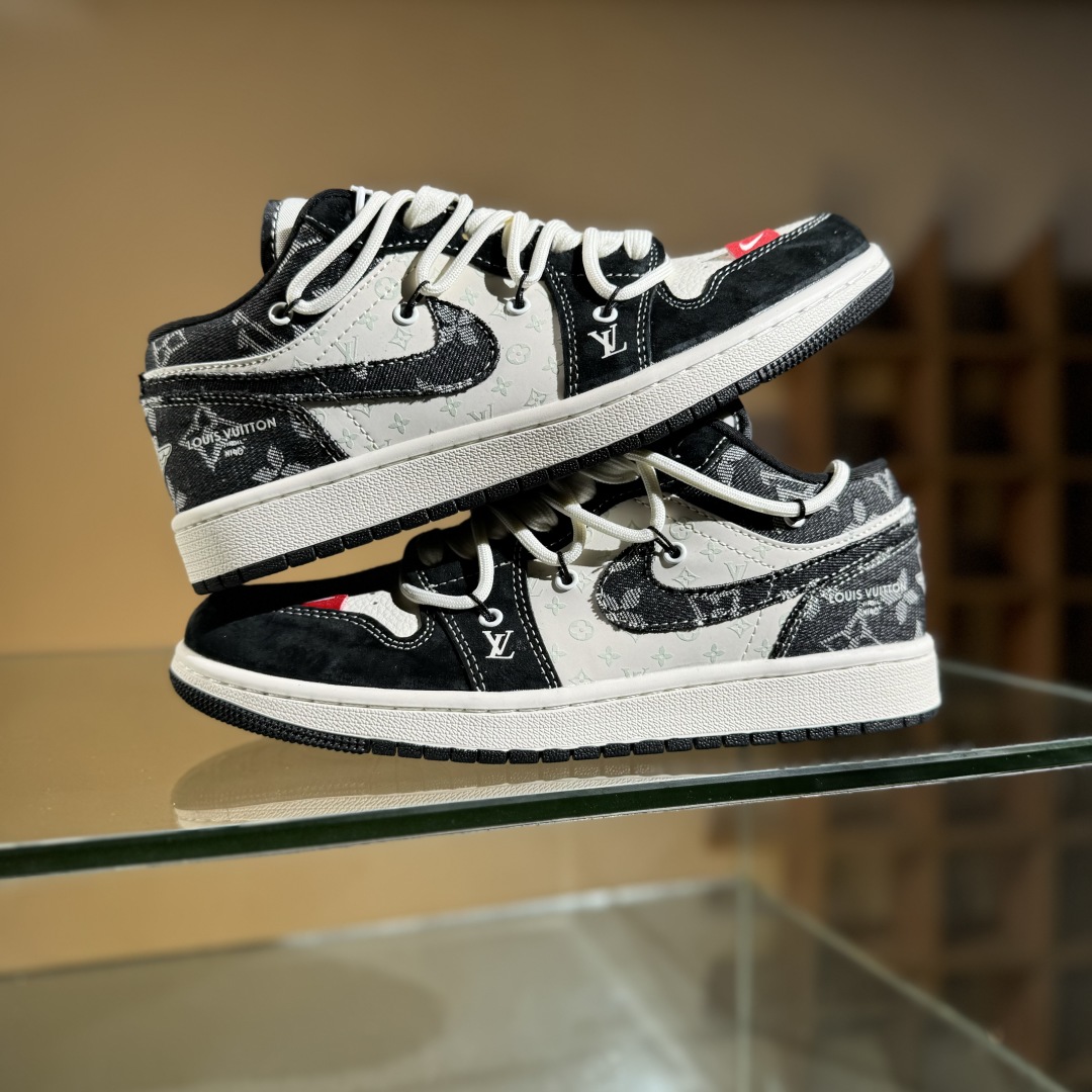300 Air Jordan 1 Low AJ1 乔1 LV联名 黑脚趾抽绳 高端定制 低帮复古篮球鞋 YX5066-383