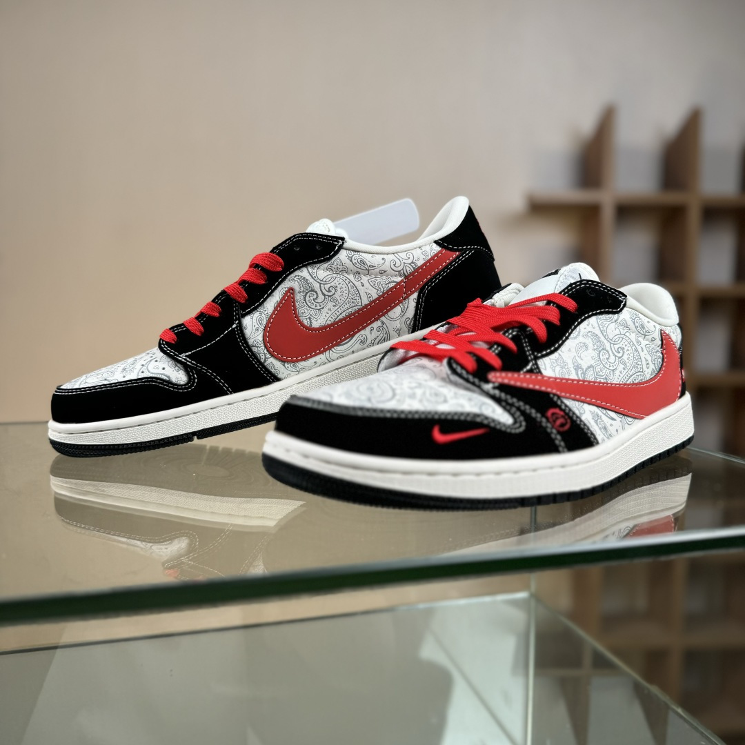 Travis Scott x Fragment Design x Air Jordan 1 Low OG SP AJ1 乔1 Supreme联名 花雕红勾 低帮文化休闲板鞋 LD2025-035