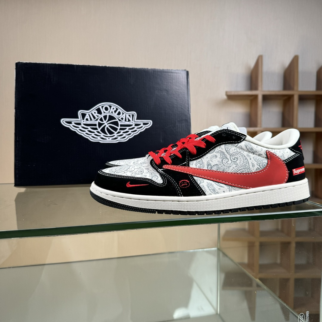 Travis Scott x Fragment Design x Air Jordan 1 Low OG SP AJ1 乔1 Supreme联名 花雕红勾 低帮文化休闲板鞋 LD2025-035