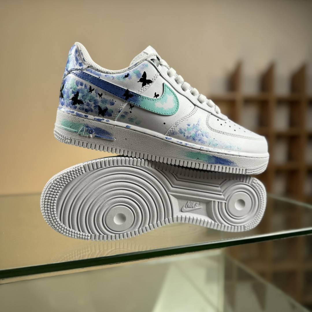 定制球鞋纯手绘画Nike Air Force 1 空军一号 手绘 蝴蝶花 蝴蝶梦幻 晕染 减震耐磨 低帮 板鞋 CW2288-111