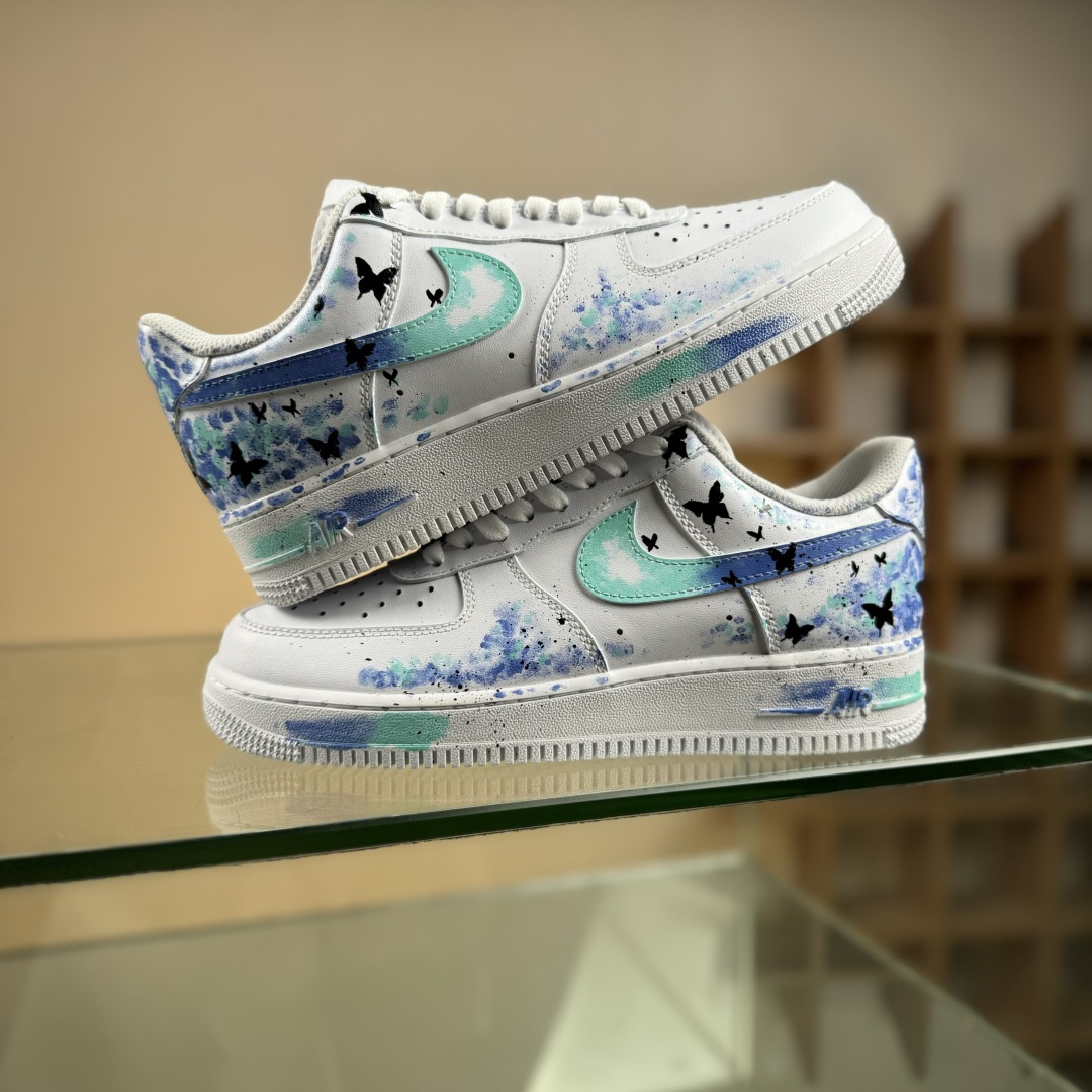 定制球鞋纯手绘画Nike Air Force 1 空军一号 手绘 蝴蝶花 蝴蝶梦幻 晕染 减震耐磨 低帮 板鞋 CW2288-111