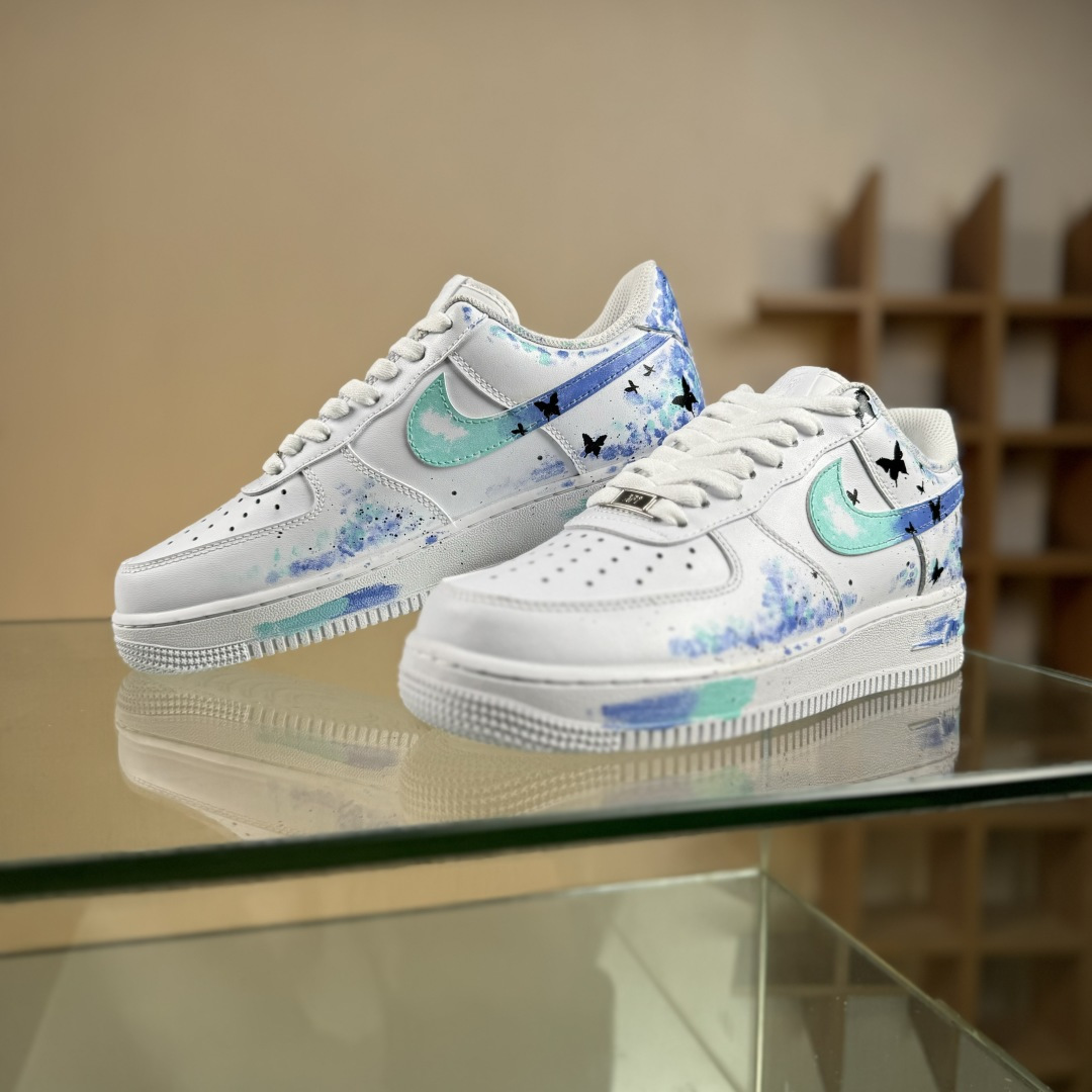 定制球鞋纯手绘画Nike Air Force 1 空军一号 手绘 蝴蝶花 蝴蝶梦幻 晕染 减震耐磨 低帮 板鞋 CW2288-111
