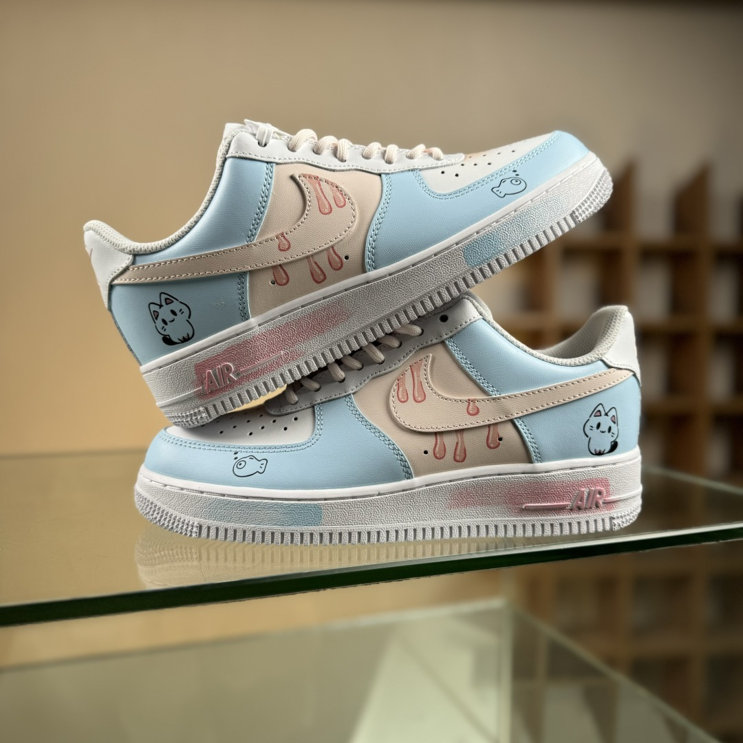 Nike Air Force 1 Low 07 手绘 粉蓝萌喵 小鱼小猫 粉蓝 ZH0316-107