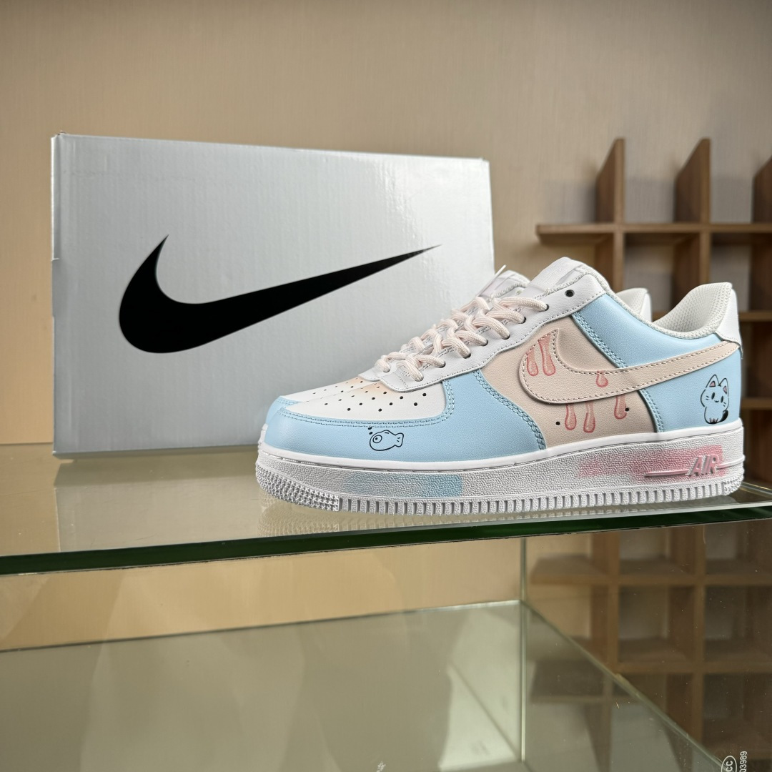 Nike Air Force 1 Low 07 手绘 粉蓝萌喵 小鱼小猫 粉蓝 ZH0316-107
