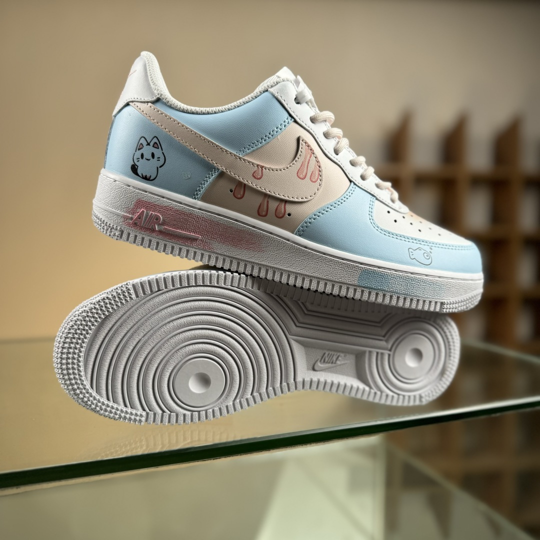 Nike Air Force 1 Low 07 手绘 粉蓝萌喵 小鱼小猫 粉蓝 ZH0316-107