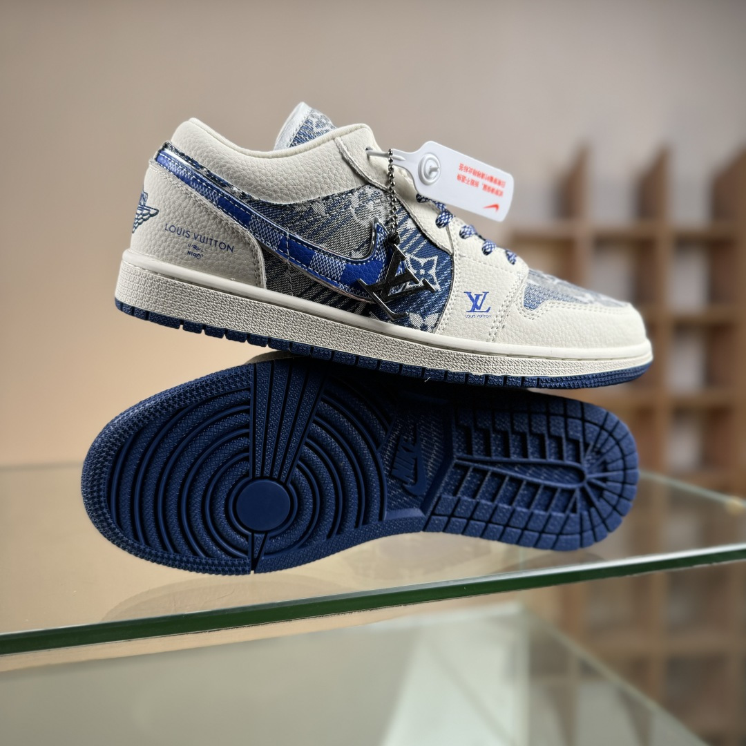 Air Jordan 1 Low AJ1 乔1 “LV路易威登联名---白蓝帆布印花”高端定制 低帮复古篮球鞋 QG1988-009