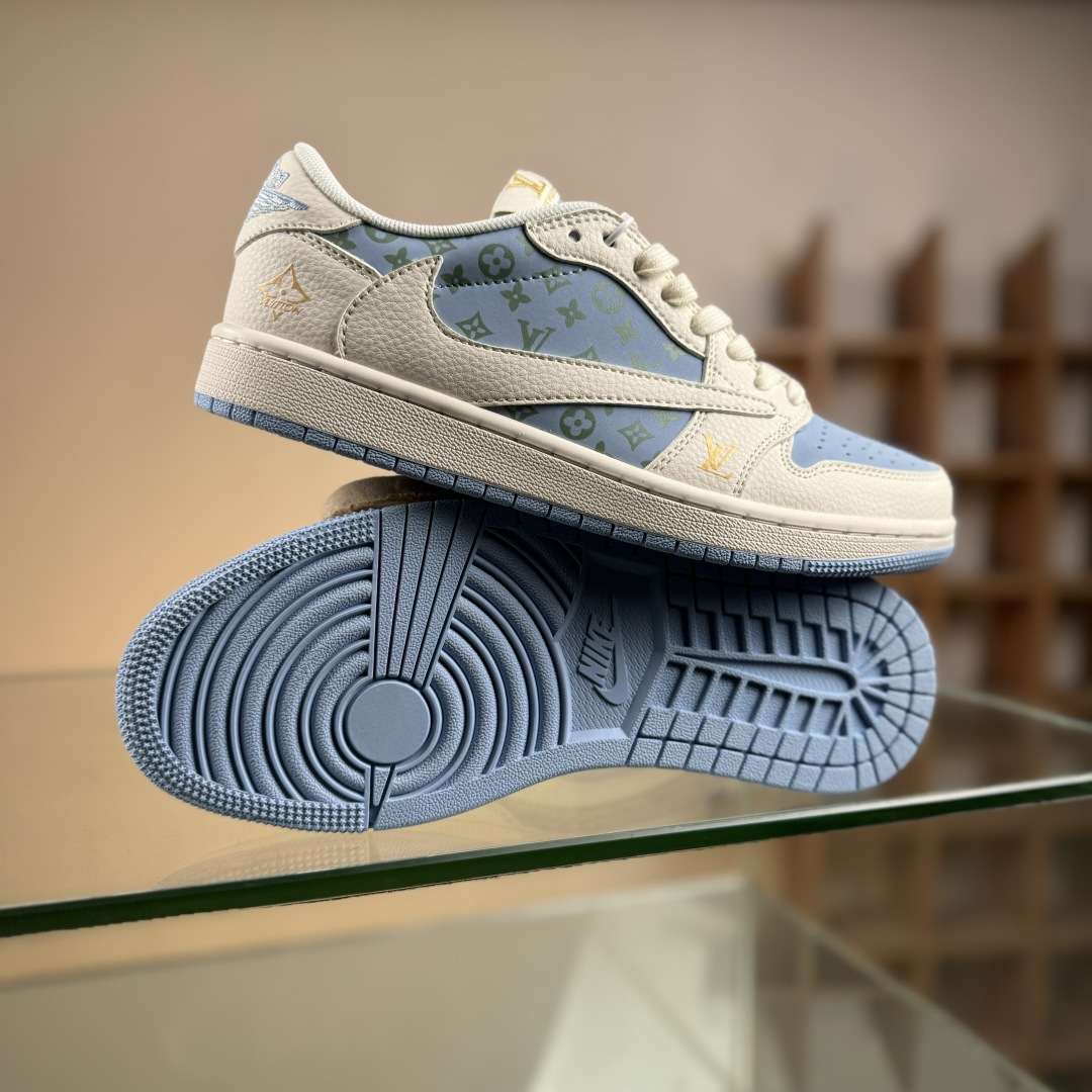 Travis Scott x Fragment Design x Air Jordan 1 Low SP AJ1 乔1 LV联名 浅米蓝 低帮文化休闲板鞋 ZH2598-163