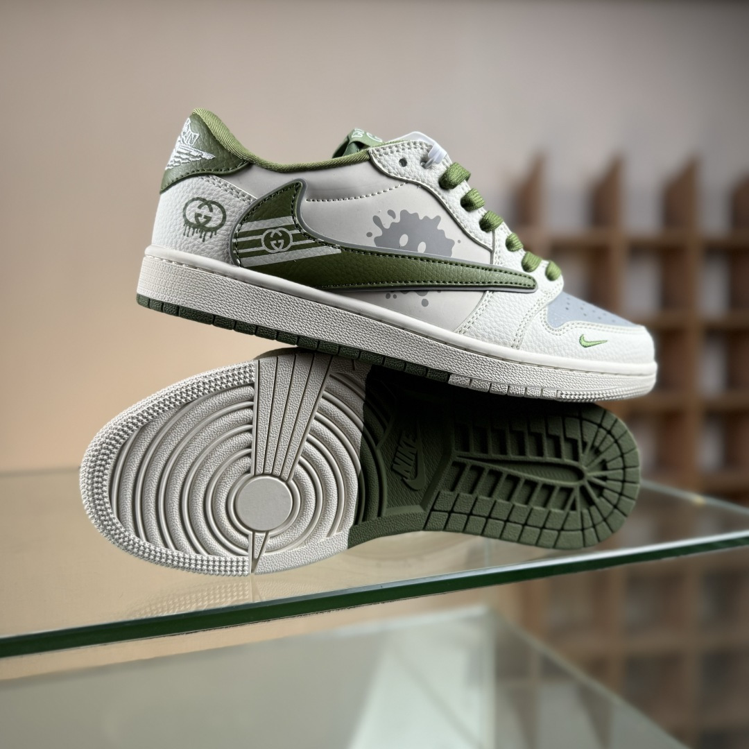 Travis Scott x Fragment Design x Air Jordan 1 Low SP AJ1 乔1 古驰联名 米白灰绿印花 低帮文化休闲板鞋 XD0798-307