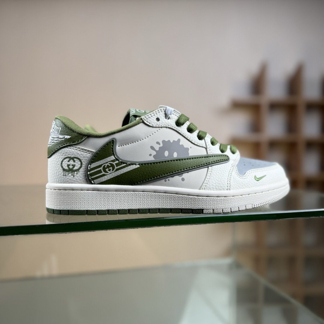 Travis Scott x Fragment Design x Air Jordan 1 Low SP AJ1 乔1 古驰联名 米白灰绿印花 低帮文化休闲板鞋 XD0798-307