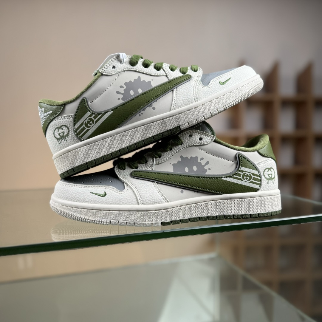 Travis Scott x Fragment Design x Air Jordan 1 Low SP AJ1 乔1 古驰联名 米白灰绿印花 低帮文化休闲板鞋 XD0798-307