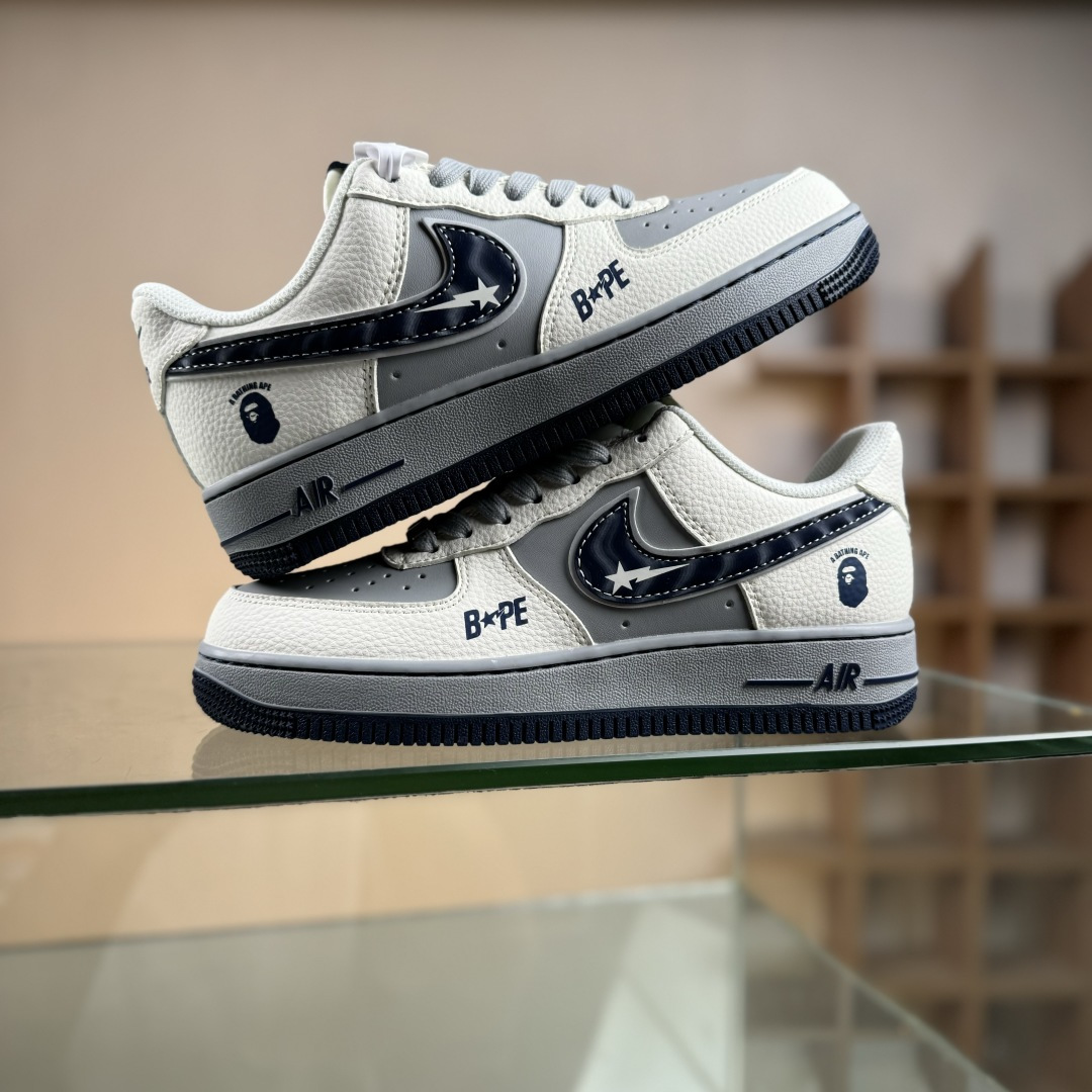 260 Nike Air Force 1'07 Low 猿人头BaPe联名 米灰蓝 空军一号低帮休闲板鞋 SM6668-111