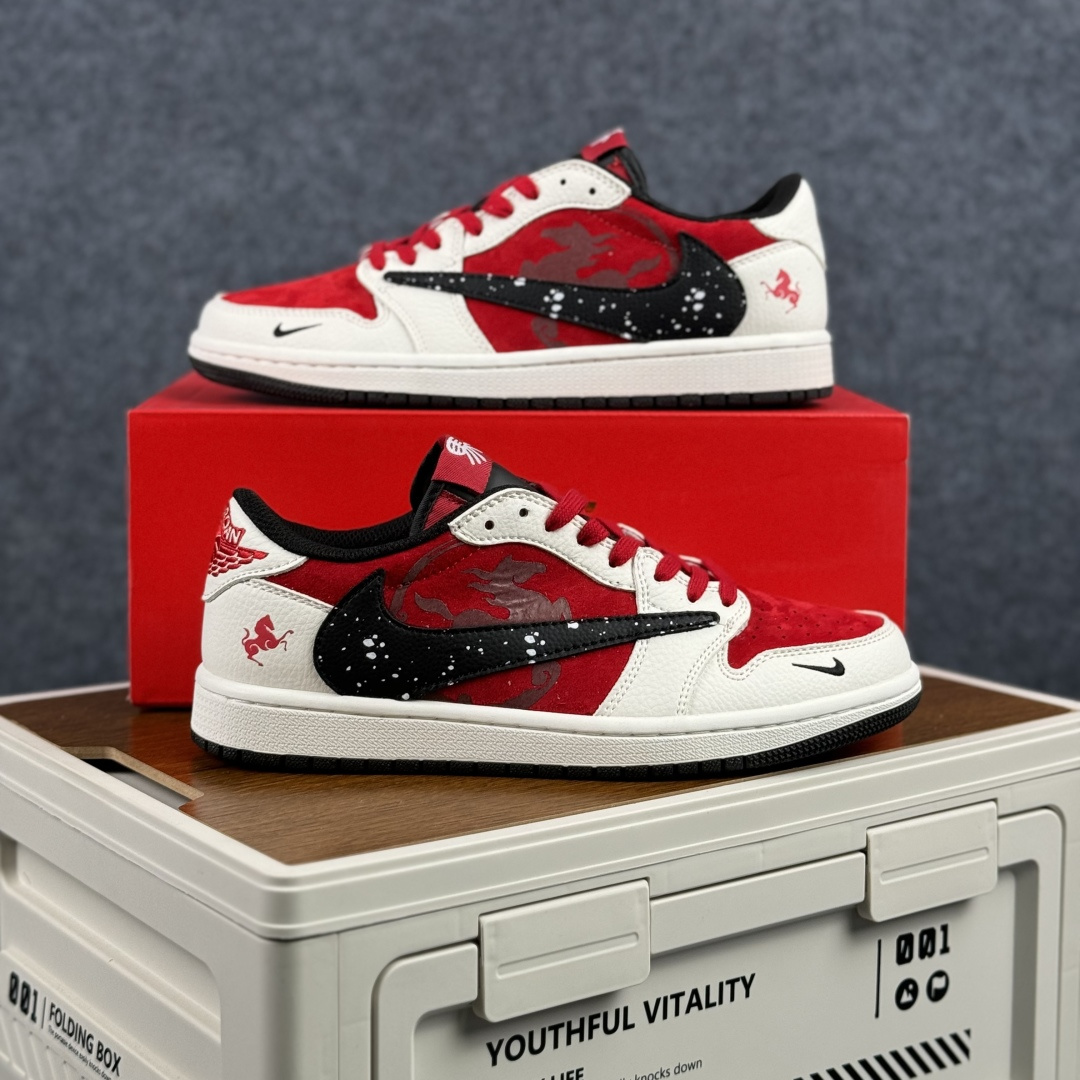 Travis Scott x Fragment Design x Air Jordan 1 Low SP AJ1 乔1马年限定 白红泼墨 低帮文化休闲板鞋 DZ2688-118