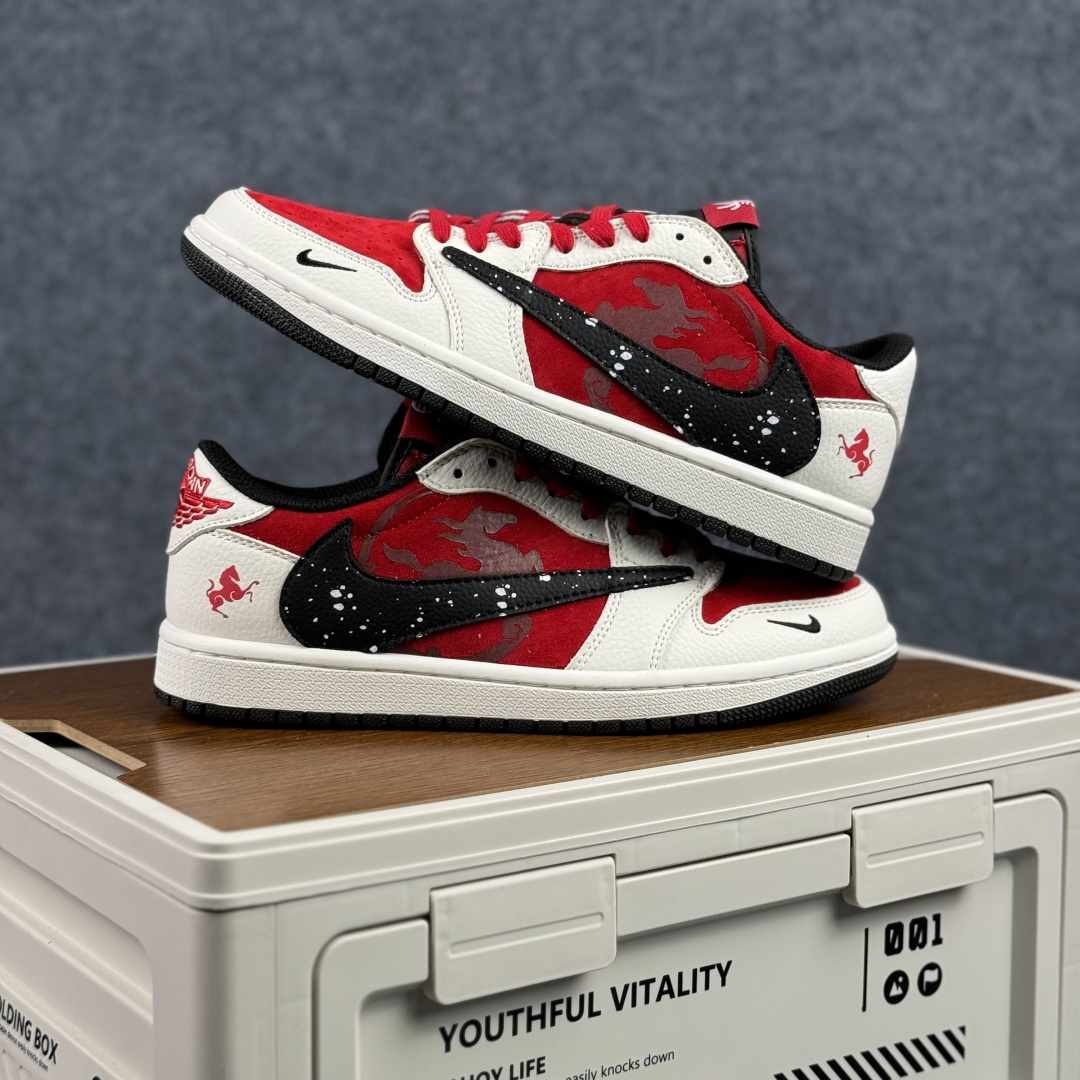 Travis Scott x Fragment Design x Air Jordan 1 Low SP AJ1 乔1马年限定 白红泼墨 低帮文化休闲板鞋 DZ2688-118