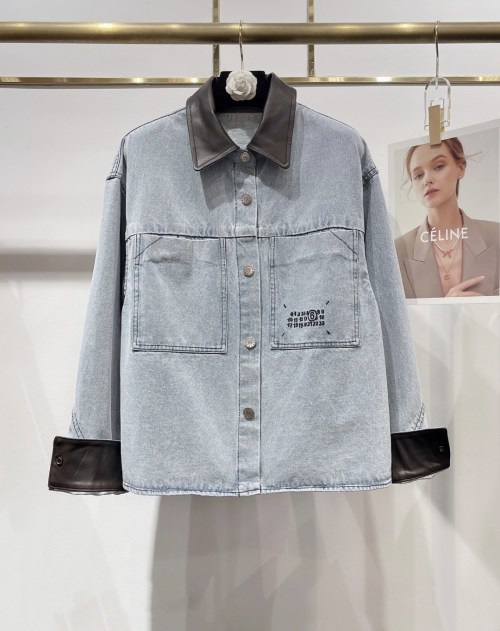Maison Margiela Color Block Denim Jacket with Leather Collar - Chic & Stylish