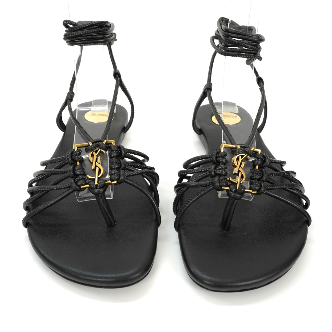 YSL Sandals: Classic Foot-Lacing Style with Gold Logo Decorations in Leather for Fashion Holidays - 图片 4