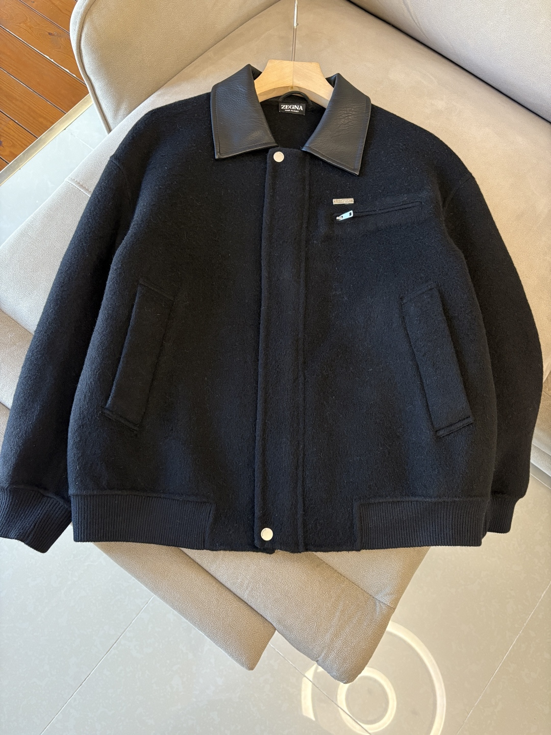 Zegna Wool-Blend Jacket with Leather Collar - Modern Warmth & Style