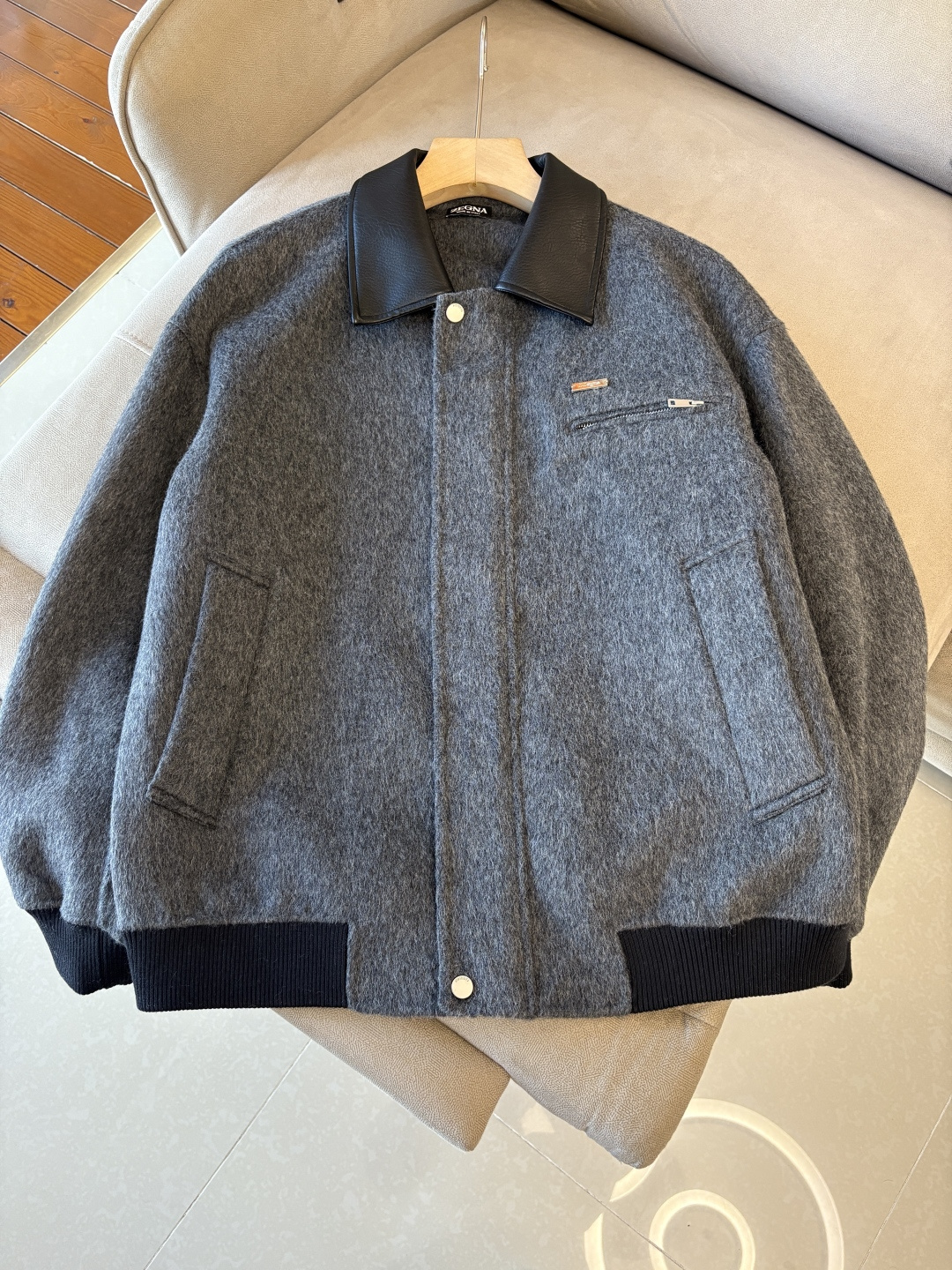 Men's Wool Blend Bomber Jacket with Leather Collar, Gray, M-3XL