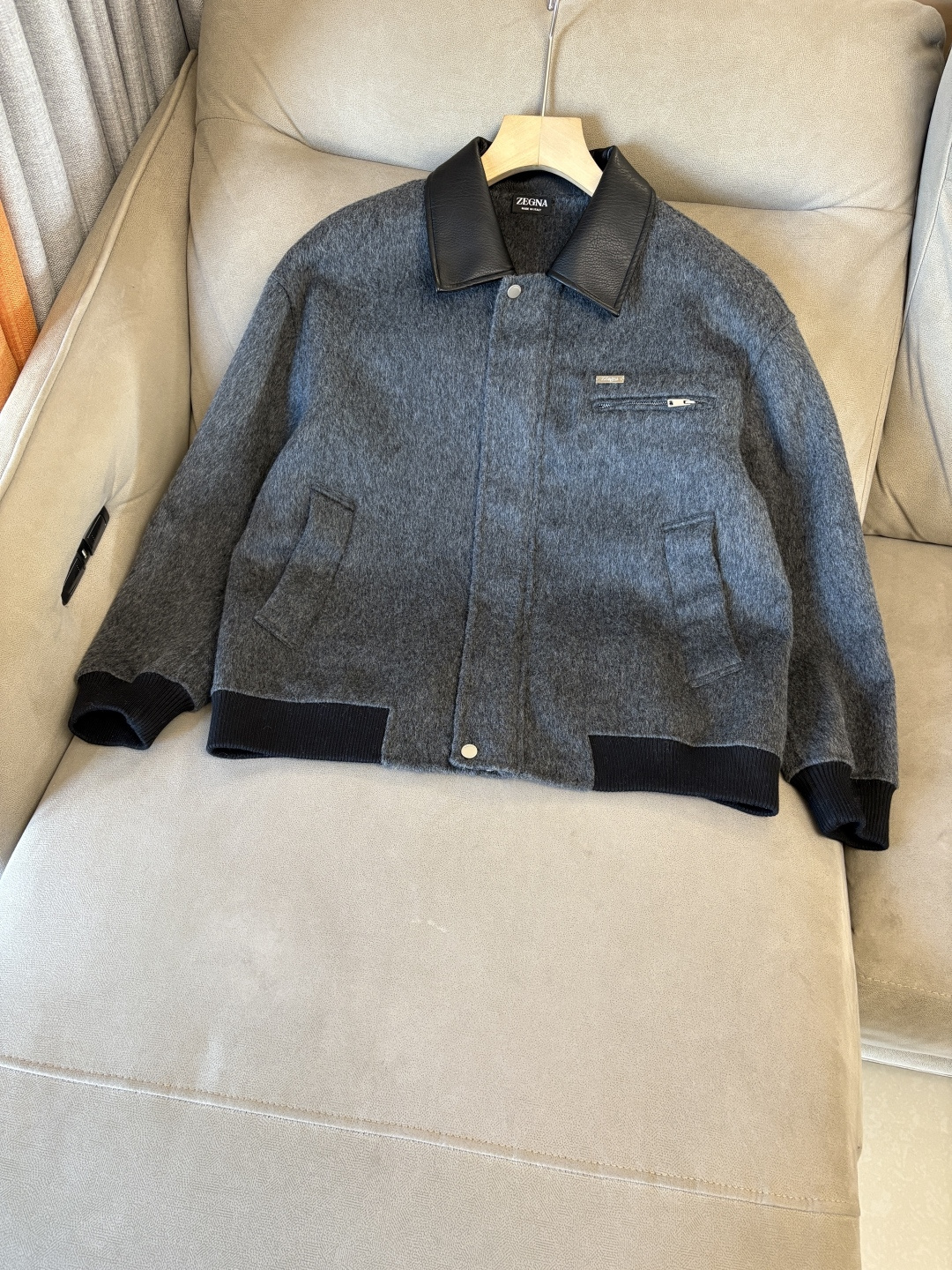 Zegna Wool Blend Bomber Jacket, Leather Collar, Gray, M-3XL