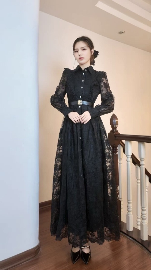 Elegant Black Lace Maxi Dress with Belt, Retro Long Sleeve Shirt Collar 1 Elegant Black Lace Maxi Dress with Belt, Retro Long Sleeve Shirt Collar