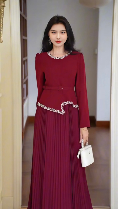 Elegant Beaded Pleated A-Line Dress with Long Sleeves and Belted Waist 1 Elegant Beaded Pleated A-Line Dress with Long Sleeves and Belted Waist