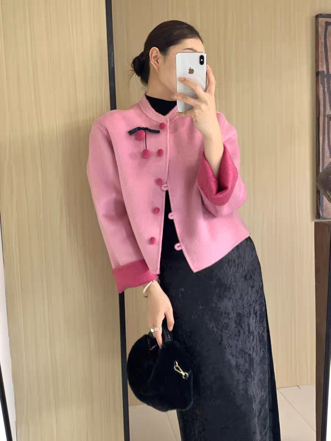 Elegant Wool Blend Short Coat with Cherry Button Accents and Contrasting Cuffs