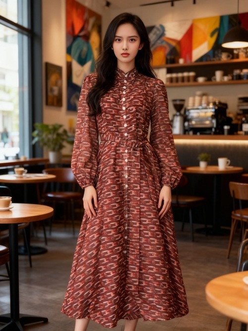 Geometric Print Maxi Dress with Pearl Buttons and Lantern Sleeves - Elegant Style 1 Geometric Print Maxi Dress with Pearl Buttons and Lantern Sleeves - Elegant Style