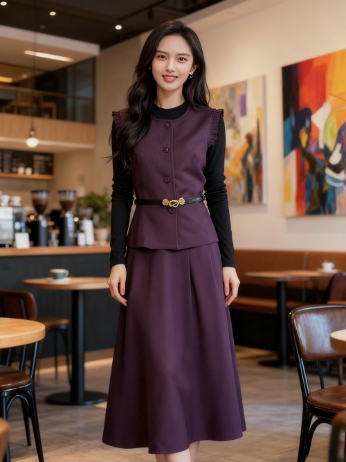 Elegant Women's Vest and Dress Set with Belt - Wine Red 1 Elegant Women's Vest and Dress Set with Belt - Wine Red