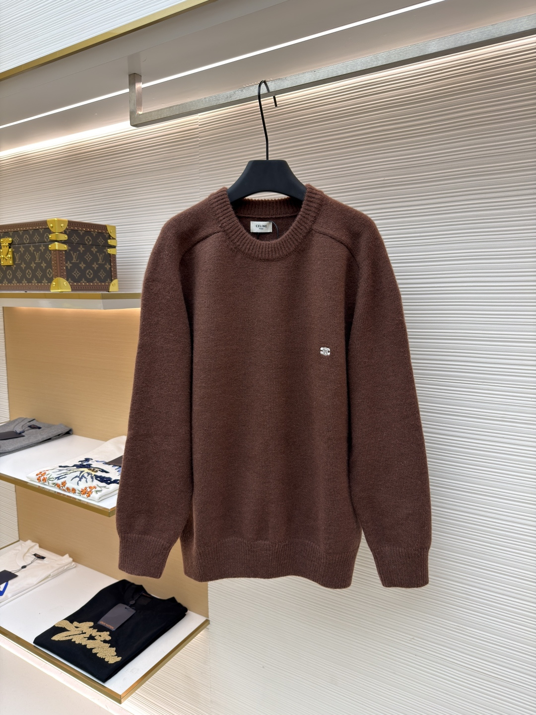 Celine Men's Brown Wool Blend Knit Sweater with Triomphe Embroidery