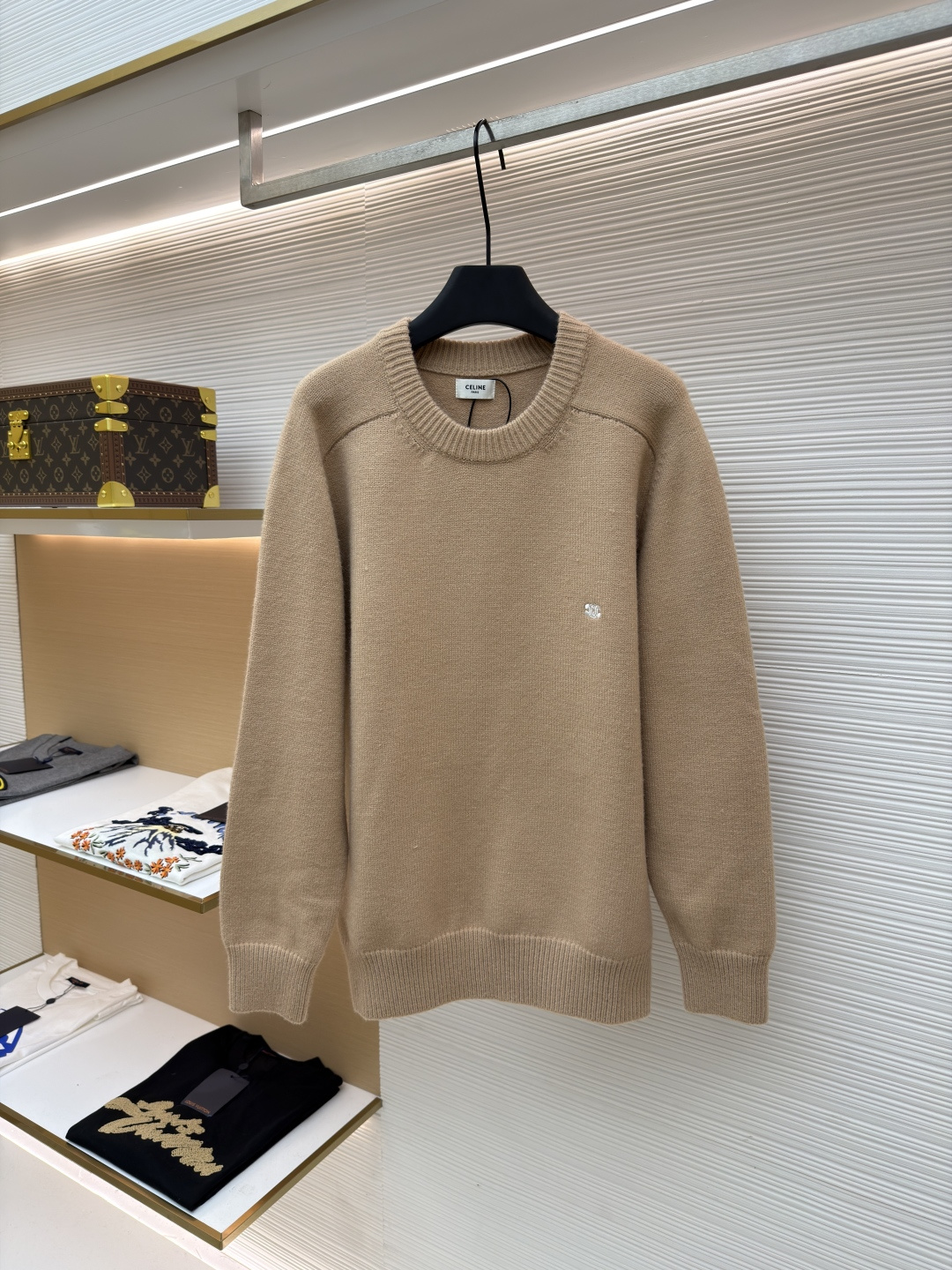 Celine Women's Khaki Wool Blend Sweater with Triomphe Embroidery, Size S-XL