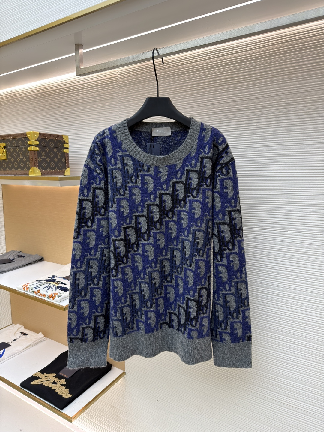 Dior Oblique Pattern Knitted Sweater, Wool Blend Fabric, Blue Gray Black