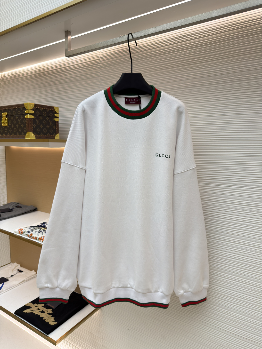 Gucci Embroidered Stripe Trim Sweatshirt, Soft Cotton Crew Neck Pullover