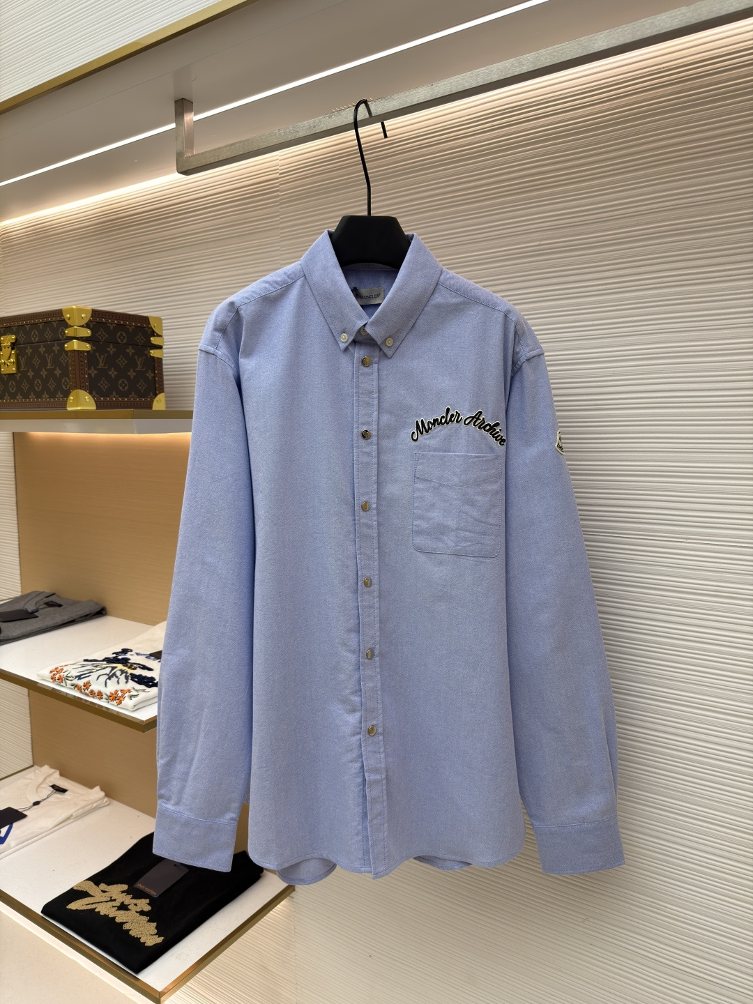 Moncler Archive Embroidered Oxford Cotton Shirt - Sky Blue, Slim Fit