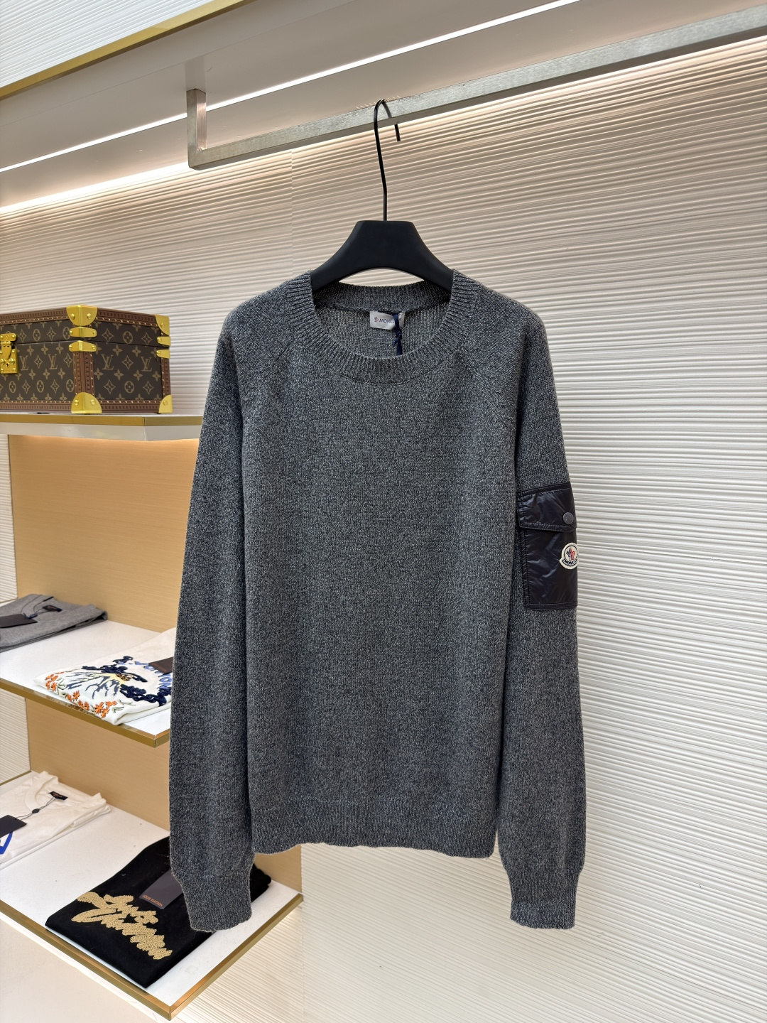 Moncler Men's Crewneck Wool-Cashmere Blend Sweater with Sleeve Detail