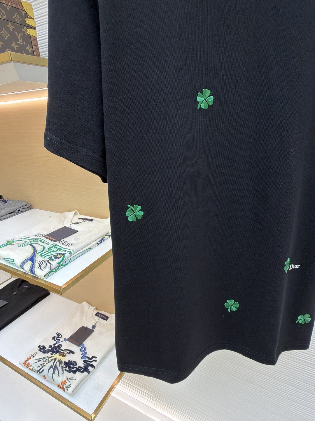 p225 Dior 棉质宽松圆领四叶草刺绣图案T恤
●原版：12000购入开发
●面料：精梳棉面料
●工艺：刺绣制作
●颜色：黑色
●版型：合身版型
●克重：约345克
●尺码：S-M-L-XL
●描述：这款黑色短袖T恤采用高支双股精梳棉混纺面料，经预缩与抗起球处理，触感柔软亲肤，透气吸汗且不易变形起球，色牢度达4级以上，久洗不易褪色发白。领口采用高弹力罗纹搭配三本针包边工艺，反复穿着不易松弛卷边；衣身侧缝采用双针埋夹工艺，走线平整牢固，减少皮肤摩擦感。衣身分布的绿色三叶草图案采用精密刺绣工艺，针脚细密均匀，图案立体饱满且不易脱线；右下角品牌标识采用精细胶印工艺，附着力强不易脱落。成衣经过验针、整烫、去污等多道质检工序，版型宽松有度，适配日常休闲、约会出游等多种场景，兼具精致细节与实穿性。整体走线平直细腻，面料舒适柔软，颜色一致无色差 能与同款搭配营造时尚造型，驾驭各种场合，定制辅料，三标齐全，男女同款！