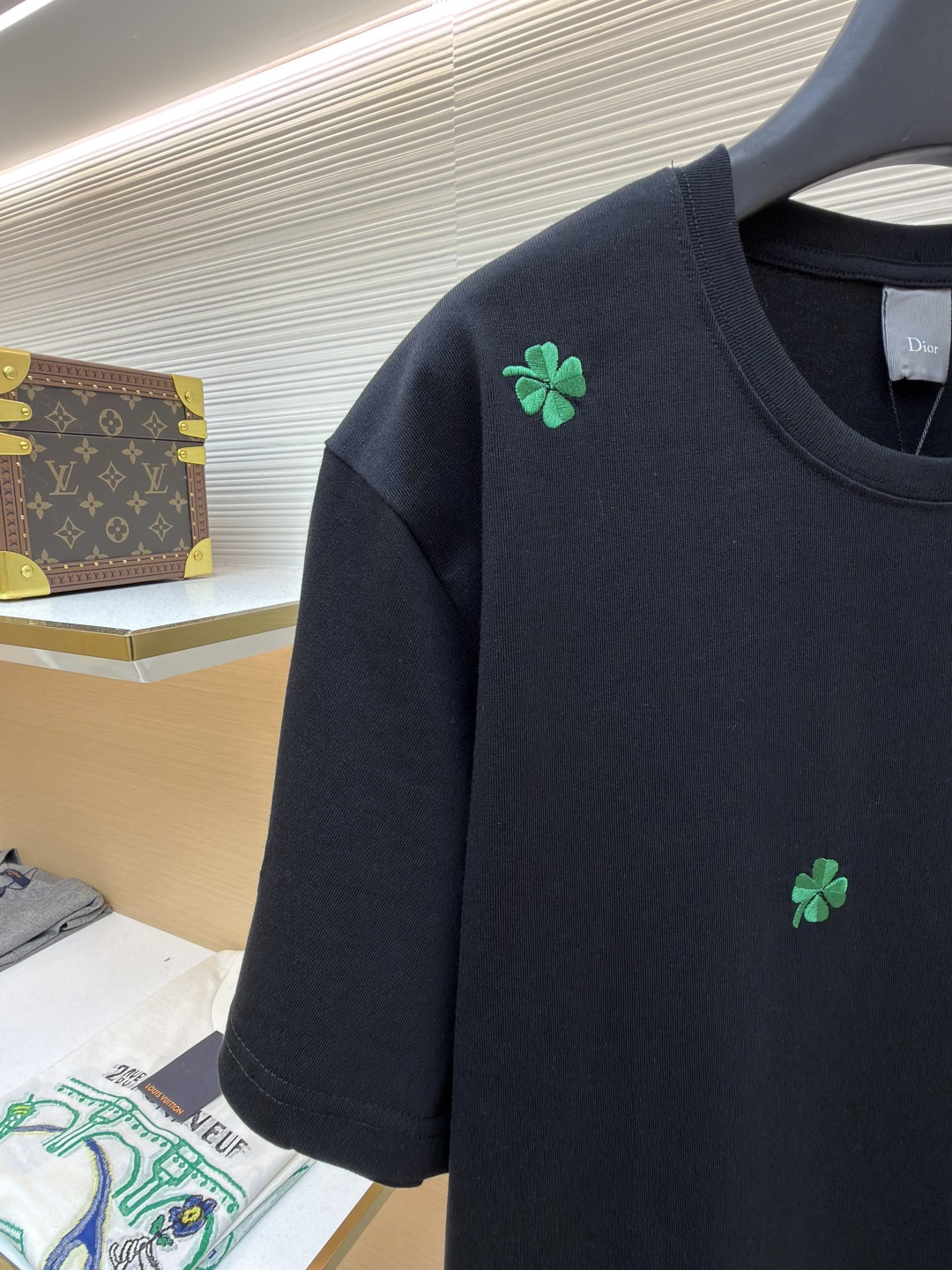 p225 Dior 棉质宽松圆领四叶草刺绣图案T恤
●原版：12000购入开发
●面料：精梳棉面料
●工艺：刺绣制作
●颜色：黑色
●版型：合身版型
●克重：约345克
●尺码：S-M-L-XL
●描述：这款黑色短袖T恤采用高支双股精梳棉混纺面料，经预缩与抗起球处理，触感柔软亲肤，透气吸汗且不易变形起球，色牢度达4级以上，久洗不易褪色发白。领口采用高弹力罗纹搭配三本针包边工艺，反复穿着不易松弛卷边；衣身侧缝采用双针埋夹工艺，走线平整牢固，减少皮肤摩擦感。衣身分布的绿色三叶草图案采用精密刺绣工艺，针脚细密均匀，图案立体饱满且不易脱线；右下角品牌标识采用精细胶印工艺，附着力强不易脱落。成衣经过验针、整烫、去污等多道质检工序，版型宽松有度，适配日常休闲、约会出游等多种场景，兼具精致细节与实穿性。整体走线平直细腻，面料舒适柔软，颜色一致无色差 能与同款搭配营造时尚造型，驾驭各种场合，定制辅料，三标齐全，男女同款！