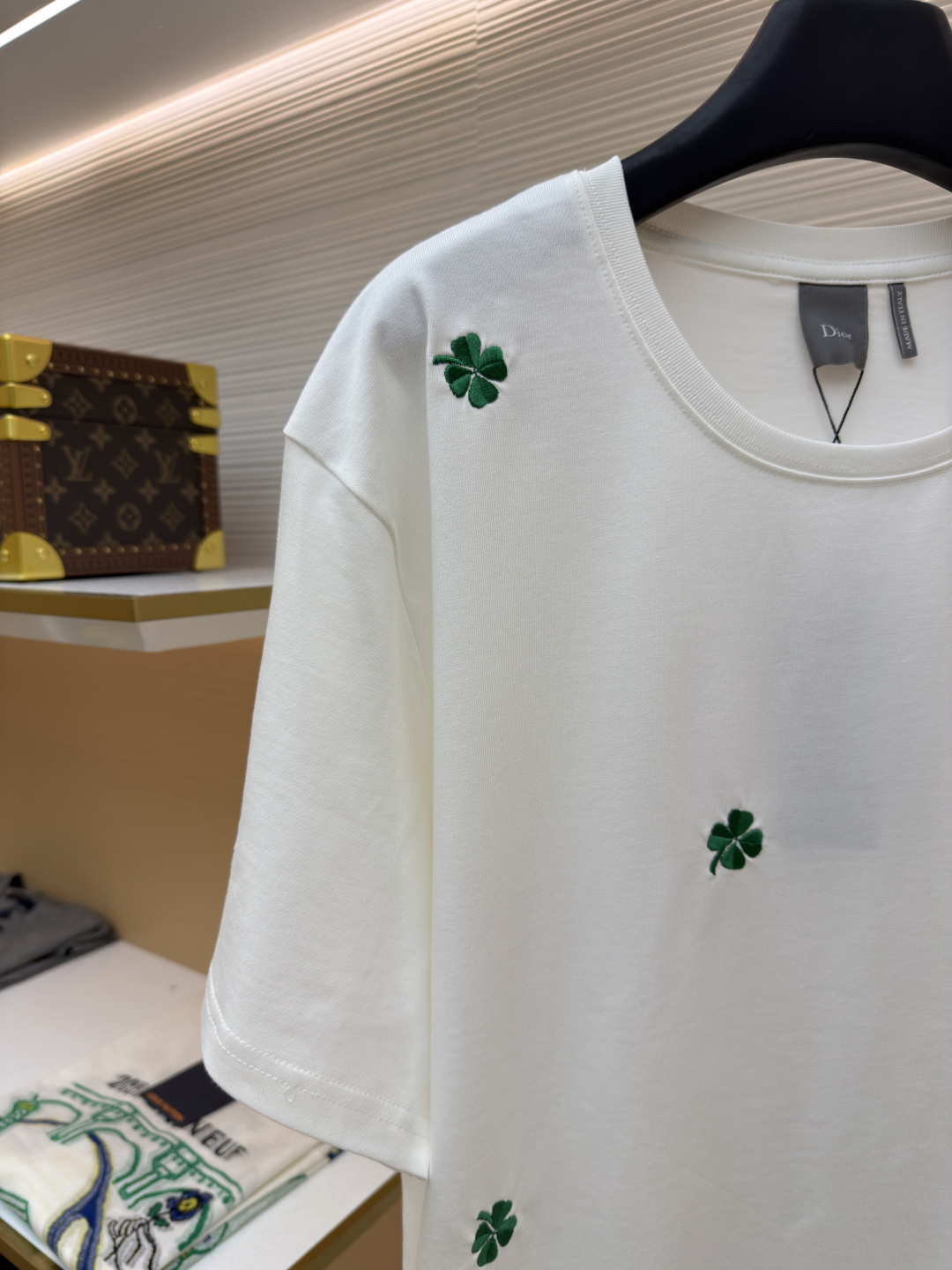 p225 Dior 棉质宽松圆领四叶草刺绣图案T恤
●原版：12000购入开发
●面料：精梳棉面料
●工艺：刺绣制作
●颜色：白色
●版型：合身版型
●克重：约335克
●尺码：S-M-L-XL
●描述：这款黑色短袖T恤采用高支双股精梳棉混纺面料，经预缩与抗起球处理，触感柔软亲肤，透气吸汗且不易变形起球，色牢度达4级以上，久洗不易褪色发白。领口采用高弹力罗纹搭配三本针包边工艺，反复穿着不易松弛卷边；衣身侧缝采用双针埋夹工艺，走线平整牢固，减少皮肤摩擦感。衣身分布的绿色三叶草图案采用精密刺绣工艺，针脚细密均匀，图案立体饱满且不易脱线；右下角品牌标识采用精细胶印工艺，附着力强不易脱落。成衣经过验针、整烫、去污等多道质检工序，版型宽松有度，适配日常休闲、约会出游等多种场景，兼具精致细节与实穿性。整体走线平直细腻，面料舒适柔软，颜色一致无色差 能与同款搭配营造时尚造型，驾驭各种场合，定制辅料，三标齐全，男女同款！