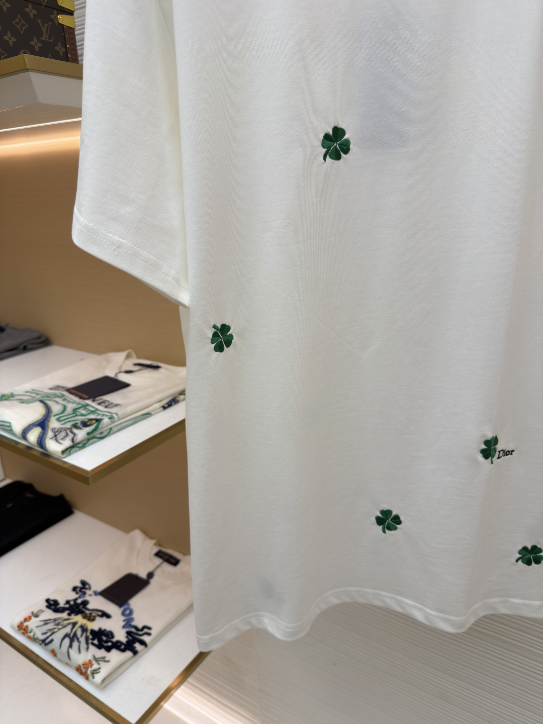 p225 Dior 棉质宽松圆领四叶草刺绣图案T恤
●原版：12000购入开发
●面料：精梳棉面料
●工艺：刺绣制作
●颜色：白色
●版型：合身版型
●克重：约335克
●尺码：S-M-L-XL
●描述：这款黑色短袖T恤采用高支双股精梳棉混纺面料，经预缩与抗起球处理，触感柔软亲肤，透气吸汗且不易变形起球，色牢度达4级以上，久洗不易褪色发白。领口采用高弹力罗纹搭配三本针包边工艺，反复穿着不易松弛卷边；衣身侧缝采用双针埋夹工艺，走线平整牢固，减少皮肤摩擦感。衣身分布的绿色三叶草图案采用精密刺绣工艺，针脚细密均匀，图案立体饱满且不易脱线；右下角品牌标识采用精细胶印工艺，附着力强不易脱落。成衣经过验针、整烫、去污等多道质检工序，版型宽松有度，适配日常休闲、约会出游等多种场景，兼具精致细节与实穿性。整体走线平直细腻，面料舒适柔软，颜色一致无色差 能与同款搭配营造时尚造型，驾驭各种场合，定制辅料，三标齐全，男女同款！