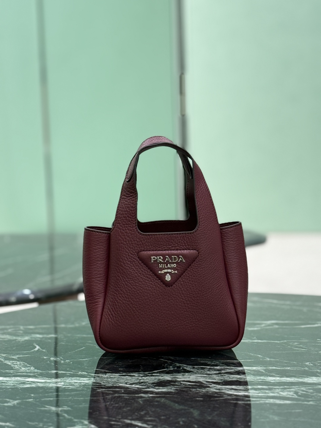 Prada Small Leather Bucket Bag, Burgundy, Silver Hardware, 15.5x18x10cm