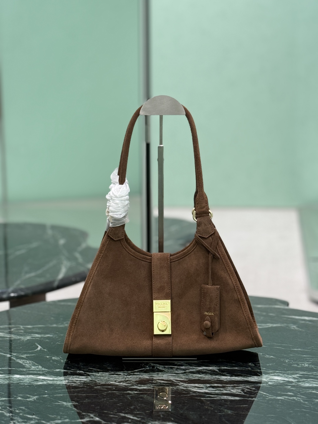 Prada Suede Leather Handbag with Buckle Lock Closure, Brown