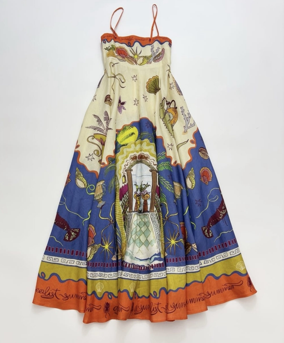 Oil painting sense island print vacation style orange edge camisole swing dress