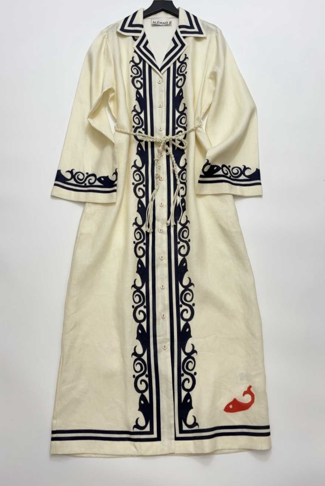 Linen printed wrap long-sleeved dress resort style beach vacation long dress