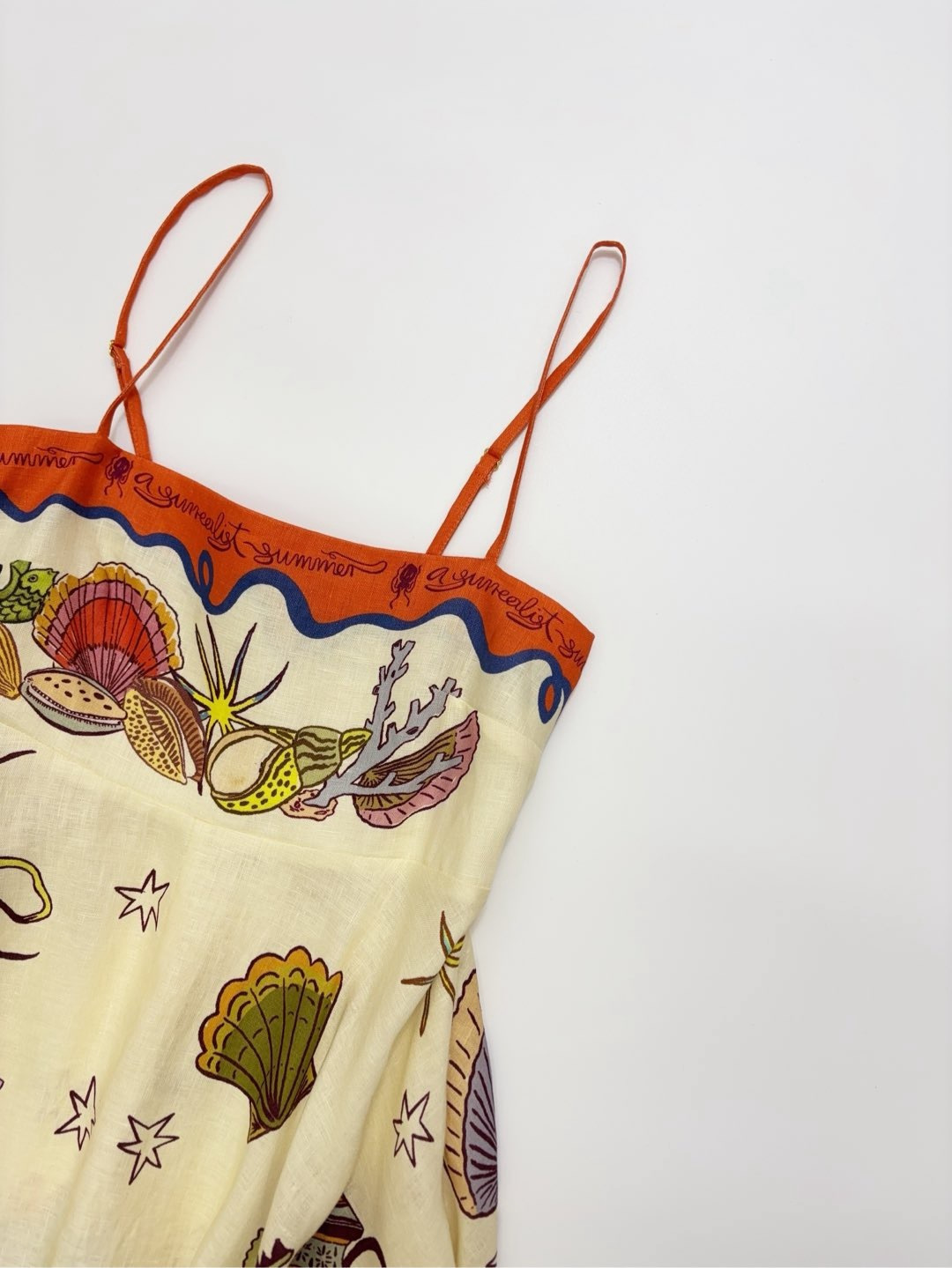 Oil painting sense island print vacation style orange edge camisole swing dress - View 3