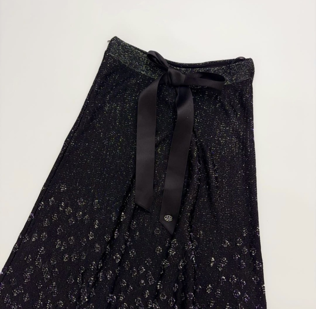 Heavy beaded sequin fine flash high waist bow umbrella skirt - View 2