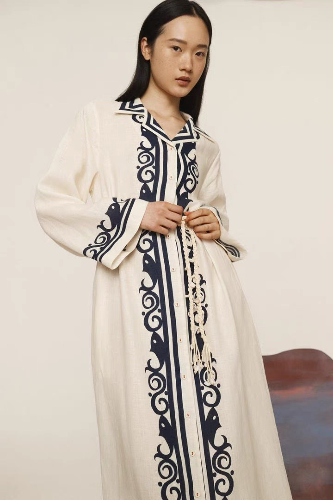 Linen printed wrap long-sleeved dress resort style beach vacation long dress - View 19