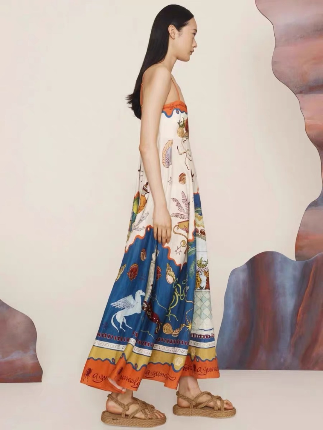 Oil painting sense island print vacation style orange edge camisole swing dress - View 22