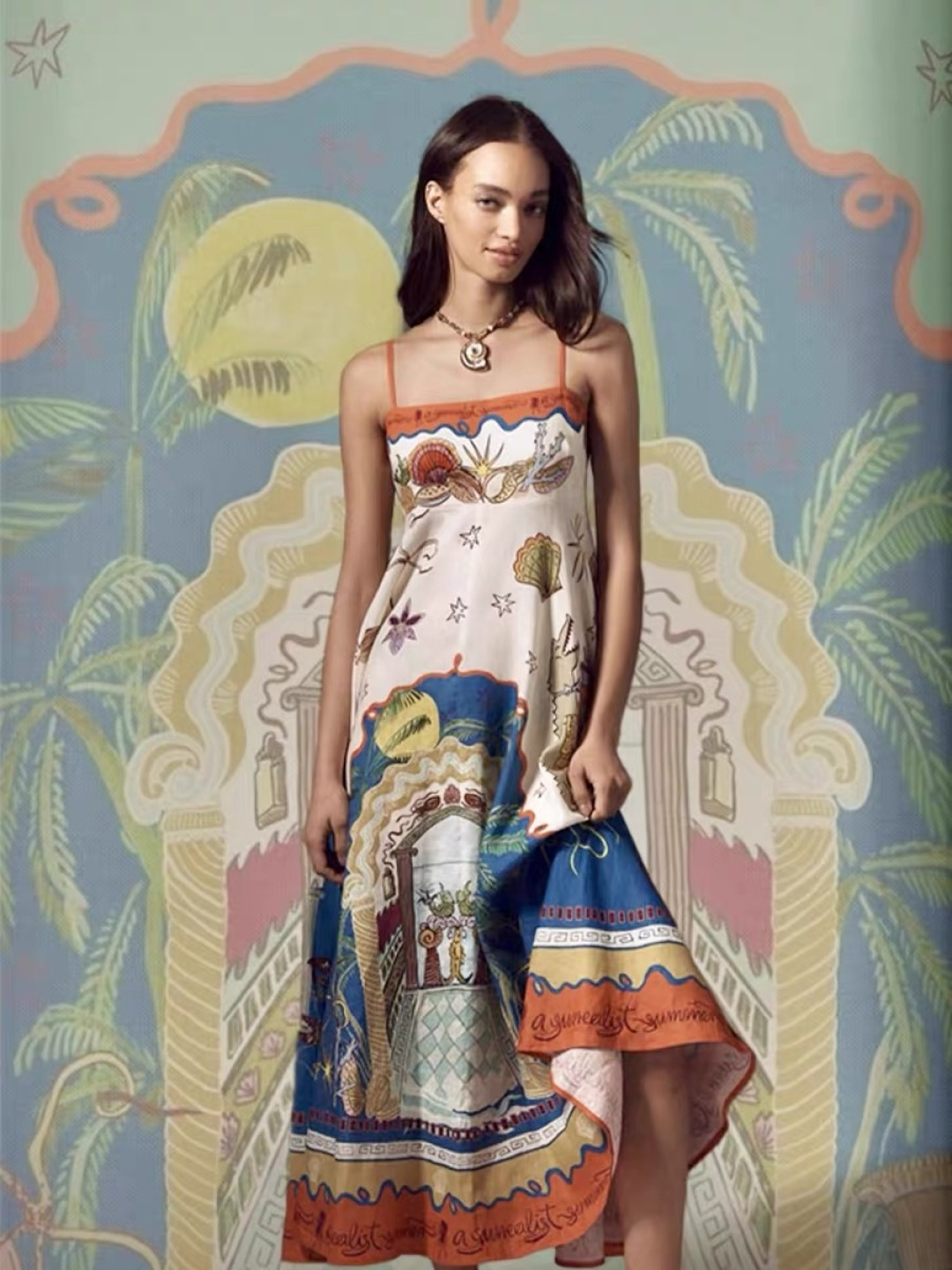 Oil painting sense island print vacation style orange edge camisole swing dress - View 21