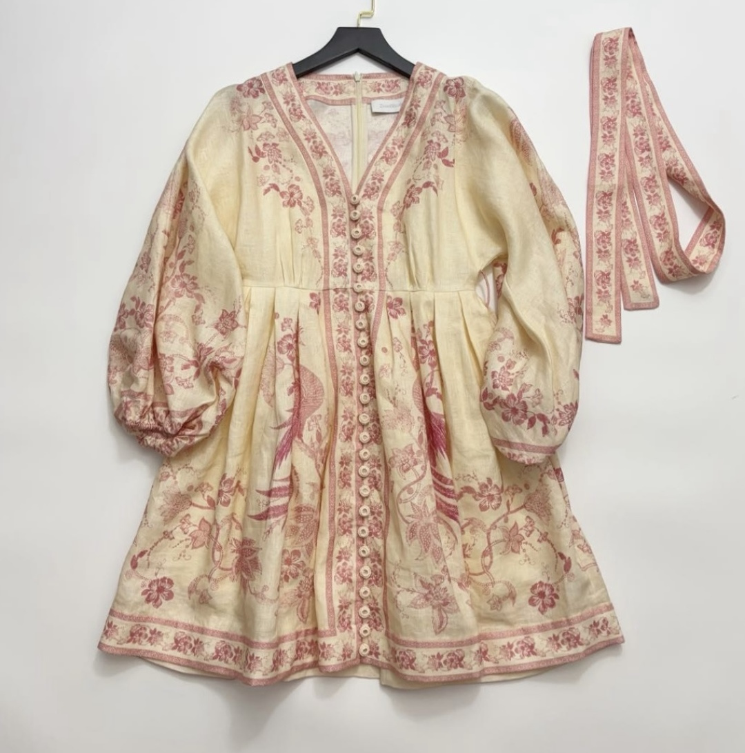 Pink printed V-neck elegant short dress