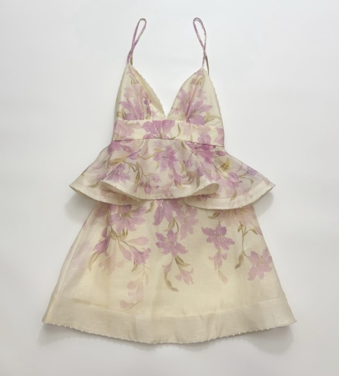 New silk and linen mini slip dress with lotus leaf trim at the waist