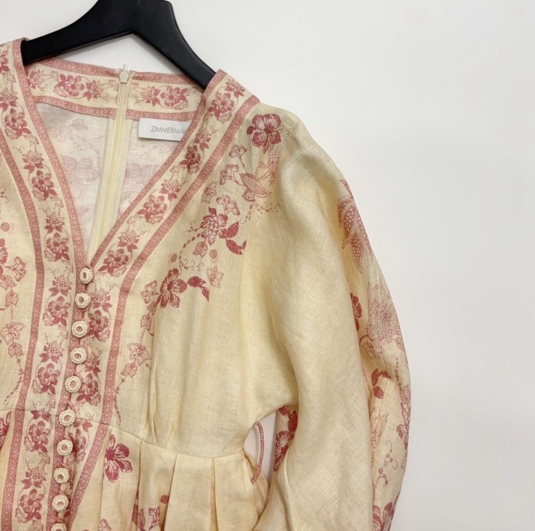 Pink printed V-neck elegant short dress - View 2