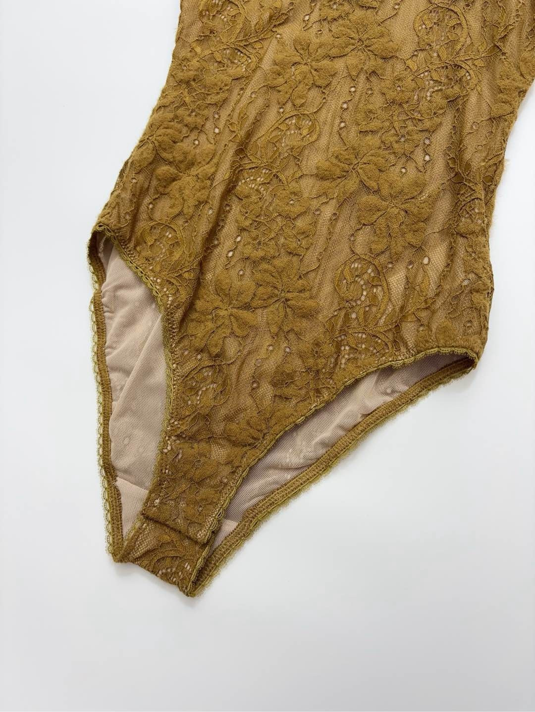 Brown U-neck lace one-piece bodysuit - View 7